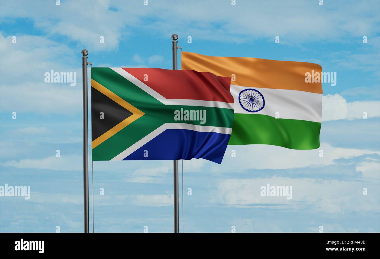 India flag and South Africa flag waving together on blue sky, two ...