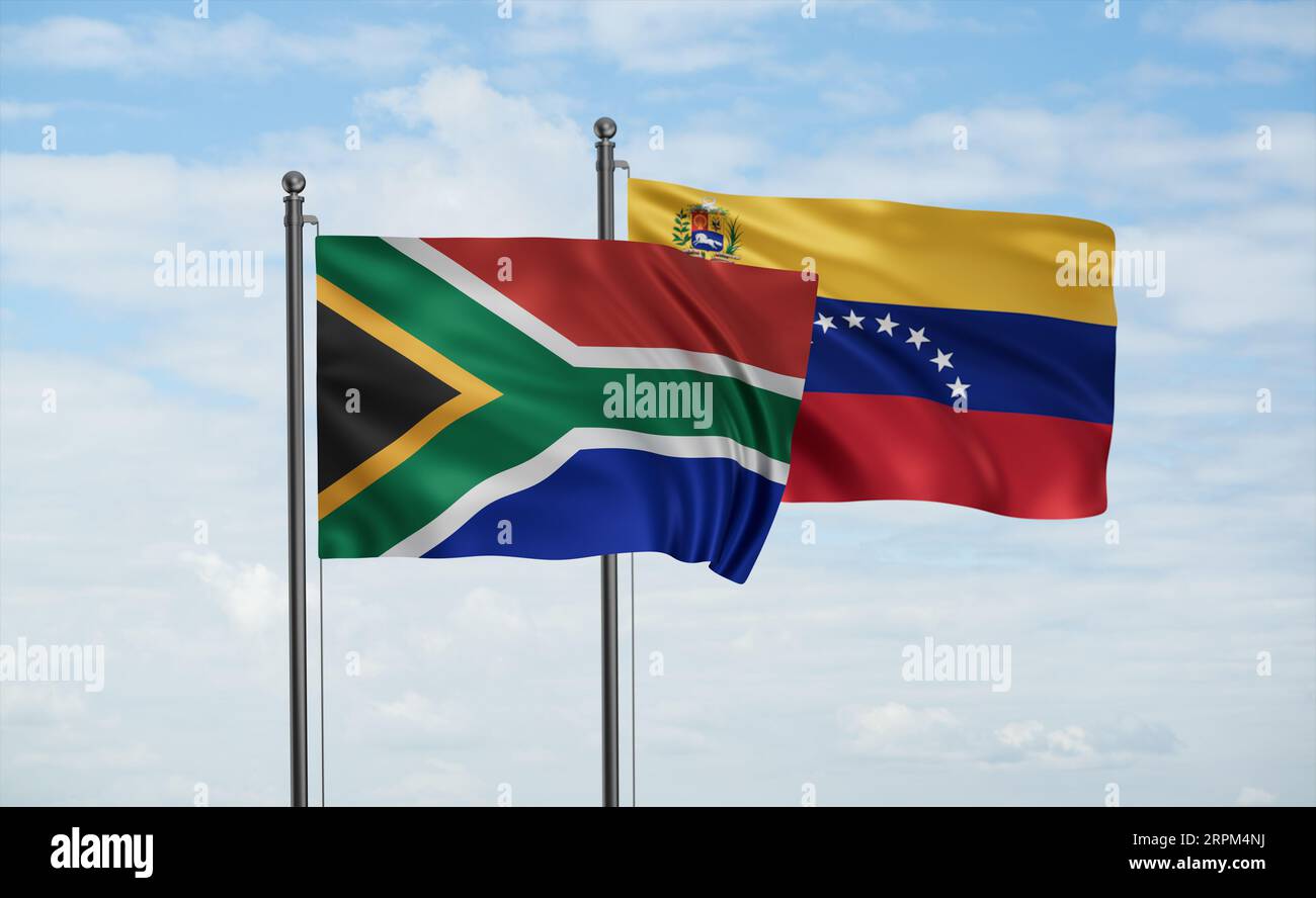 Venezuela and South Africa flag waving together in the wind on blue sky ...