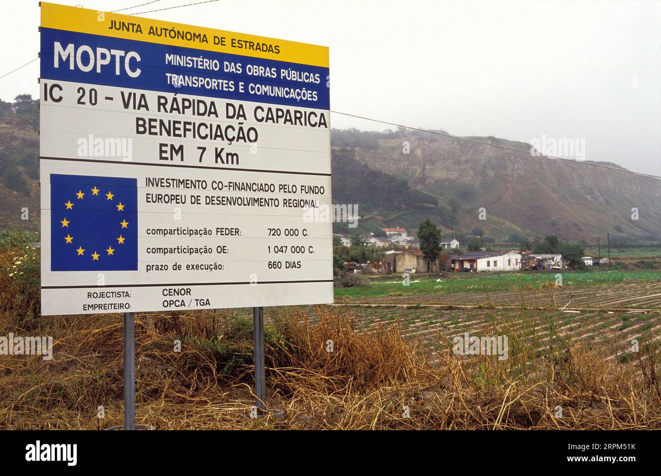 Portugal, viseu region EU sign construction highway financed with EU subsidy. Stock Photo