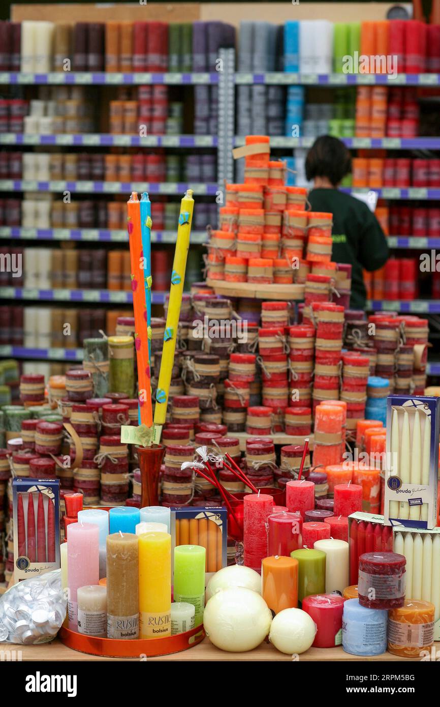 Netherlands, in a department store colorfull candles are sold Stock