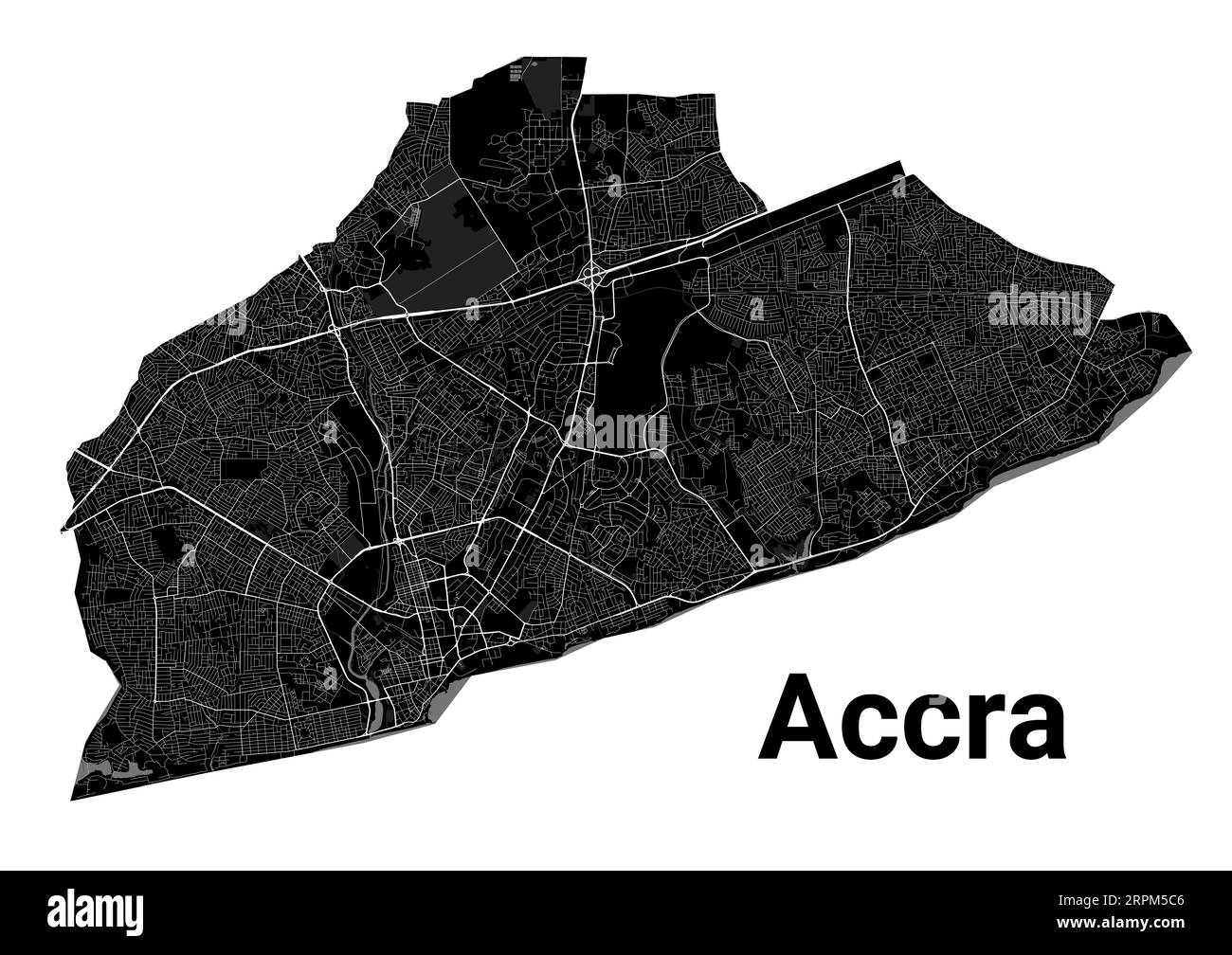 Accra, Ghana map. Detailed black map of Accra city administrative area. Cityscape poster metropolitan aria view. Black land with white roads and avenu Stock Vector