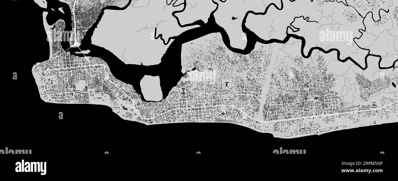 Monrovia, Liberia, map. Detailed black map of Monrovia city administrative area. Cityscape poster metropolitan aria view. Black land with white buildi Stock Vector