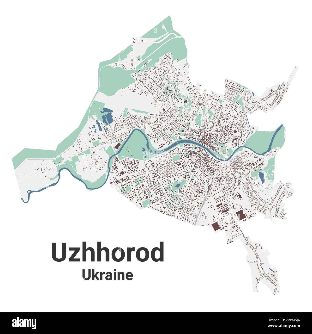 Uzhhorod map, city in Ukraine. Municipal administrative area map with buildings, rivers and roads, parks and railways. Vector illustration. Stock Vector