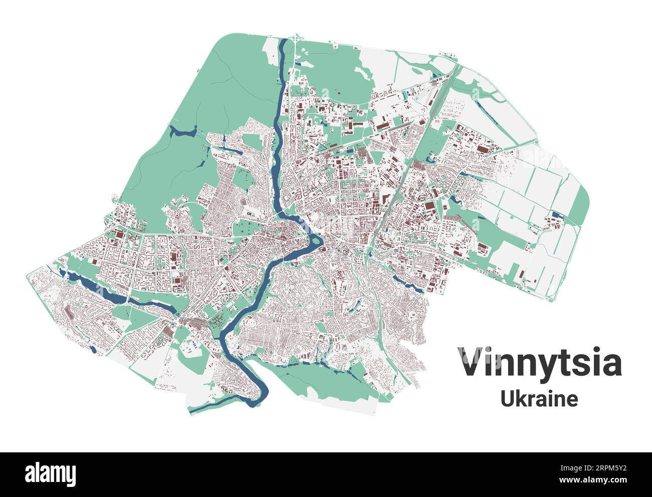 Vinnytsia map, city in Ukraine. Municipal administrative area map with buildings, rivers and roads, parks and railways. Vector illustration. Stock Vector