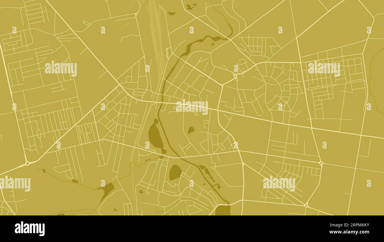 Background Rivne map, Ukraine, yellow city poster. Vector map with roads and water. Widescreen proportion, digital flat design roadmap. Stock Vector