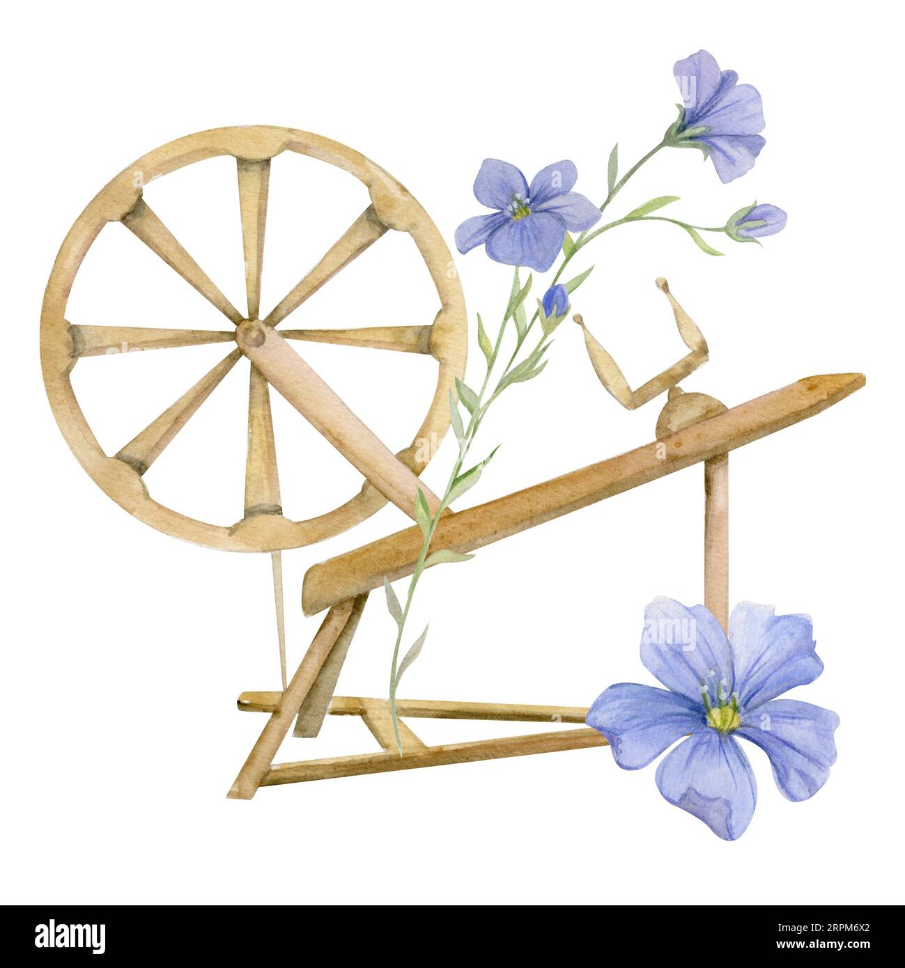 Hand drawn watercolor spinning wheel with blue flax linen flowers