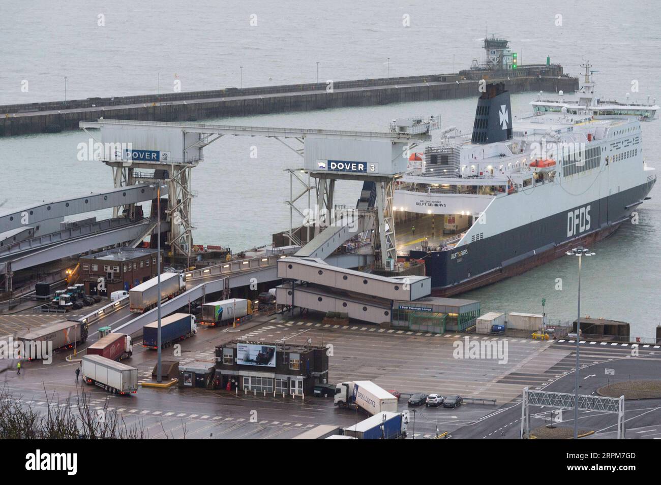 200201 -- DOVER, Feb. 1, 2020 -- Cars and trucks embark on a ferry in Port of Dover on the first day after Brexit in Dover, Britain, Feb. 1, 2020. Britain officially left the European Union EU at 11 p.m. 2300 GMT Friday, putting an end to its 47-year-long membership of the world s largest trading bloc. Photo by Ray Tang/Xinhua BRITAIN-DOVER-PORT-AFTER BREXIT HanxYanRayTang PUBLICATIONxNOTxINxCHN Stock Photo