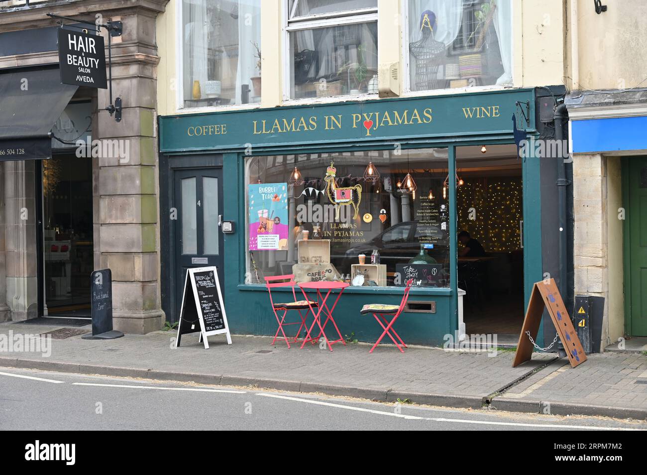 Llamas in Pyjamas, a cafe and wine bar, Long Street, Tetbury, Gloucestershire Stock Photo