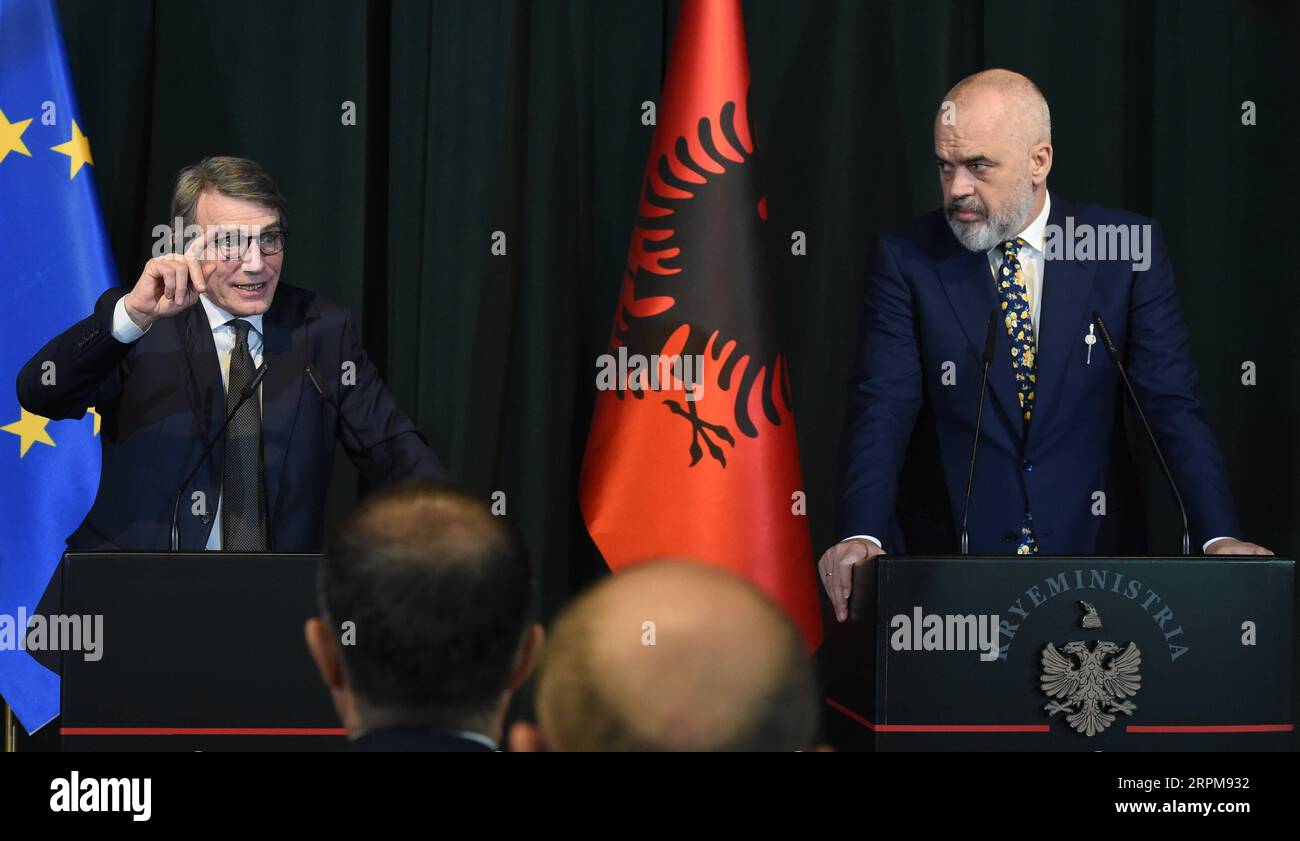 200203 -- TIRANA, Feb. 3, 2020 -- President of the European Parliament EP David Sassoli L and Albanian Prime Minister Edi Rama attend a joint press conference in Tirana, Albania, Feb. 3, 2020. The European Parliament EP strongly supports the opening of accession talks of Albania with the European Union EU, EP President David Sassoli said here on Monday.  ALBANIA-TIRANA-EUROPEAN PARLIAMENT-PRESIDENT-VISIT ZhangxLiyun PUBLICATIONxNOTxINxCHN Stock Photo