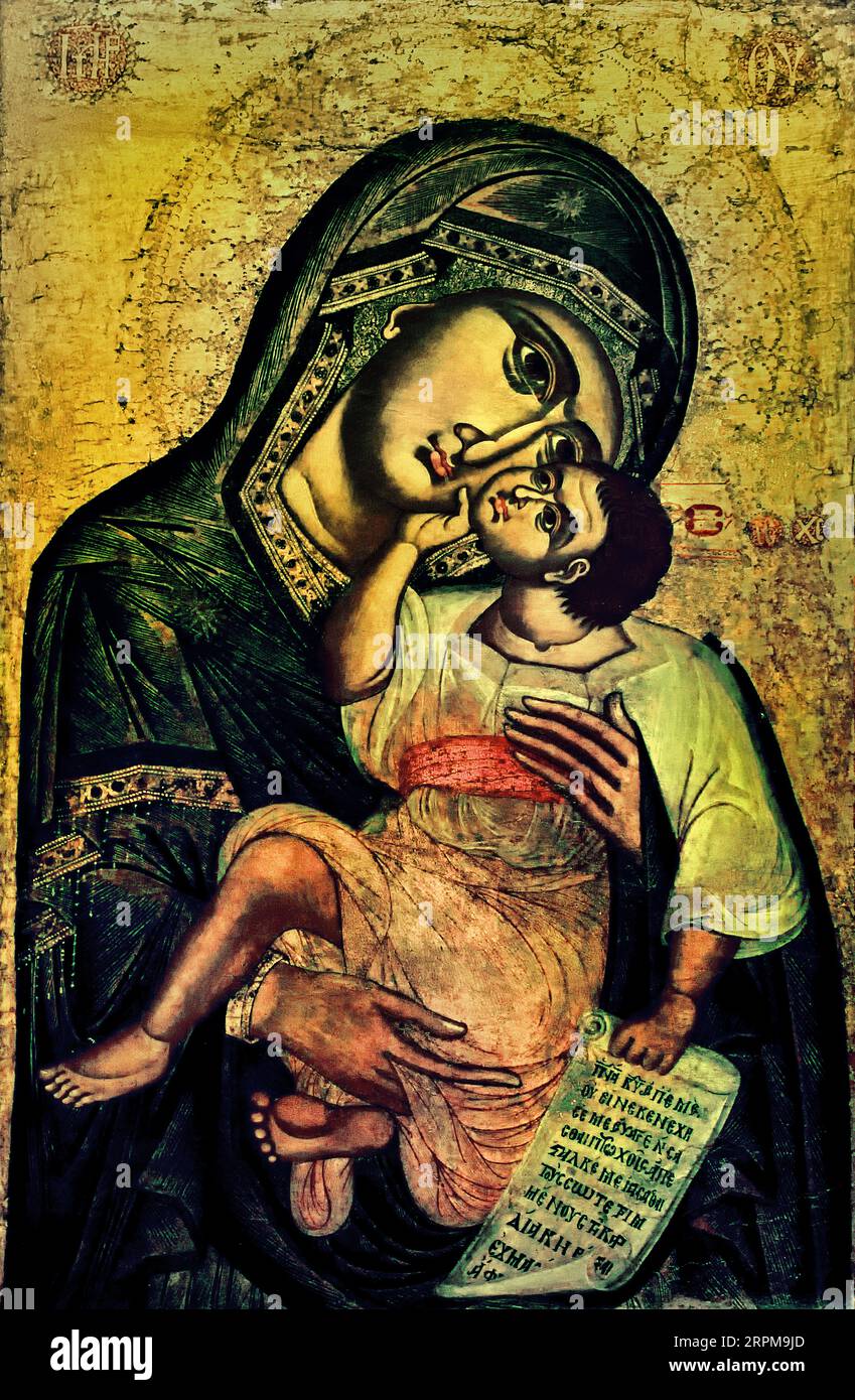 Theotokos Glykophilousa.  Athens Greece Byzantine Museum Orthodox Church Greek ( Icon ) Origin: Thessaloniki, Church of Hypapante Creator: Workshop of Northern Greece  The painting layer of the 18th century which had been detached from the layer of the 12th century Stock Photo