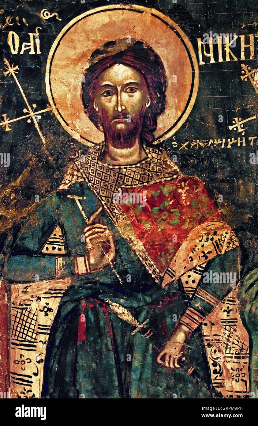 Saint James Intercisus, 18th cent. Byzantine and Christian Museum, Athens. Saint James Intercisus,  from the Catholicon of the Panagia (Dormition of the Virgin) Monastery in Delphi. The monastery was built in 1743 and decorated in 1751  Athens Greece Byzantine Museum Orthodox Church Greek ( Icon ) Mural depicting Stock Photo