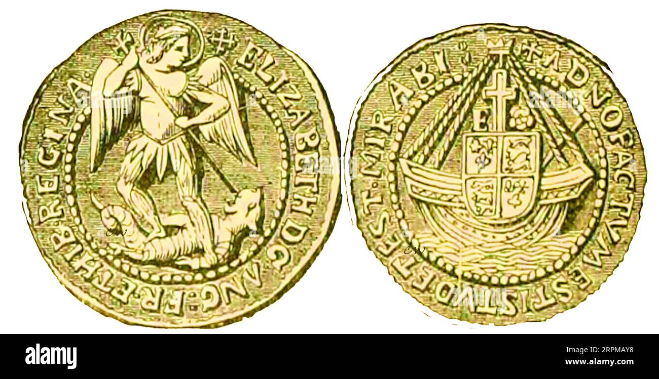 Both sides of  an Angel coin from the time of Elizabeth I -  First issued by  Edward IV in 1465. It copied  the French angelot or ange and features a depiction of the he archangel Michael slaying a dragon. Sometimes called the  angel-noble or simply the noble. Stock Photo