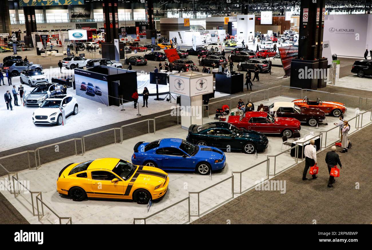 200207 -- CHICAGO, Feb. 7, 2020 -- A row of Ford Mustangs are displayed at the 2020 Chicago Auto Show Media Preview at McCormick Place in Chicago, the United States, on Feb. 6, 2020. The 112th Chicago Auto Show will last from Feb. 8 to Feb. 17 with nearly 1,000 vehicles on display. Photo by Joel Lerner/Xinhua U.S.-CHICAGO-AUTO SHOW-MEDIA PREVIEW WangxPing PUBLICATIONxNOTxINxCHN Stock Photo