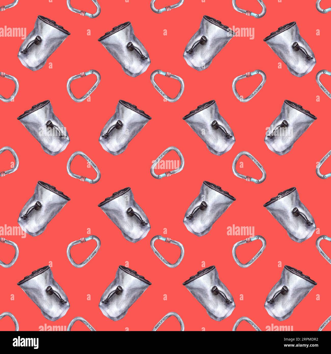 Grey chalk textile belt bag, sport climbing carabiner seamless pattern