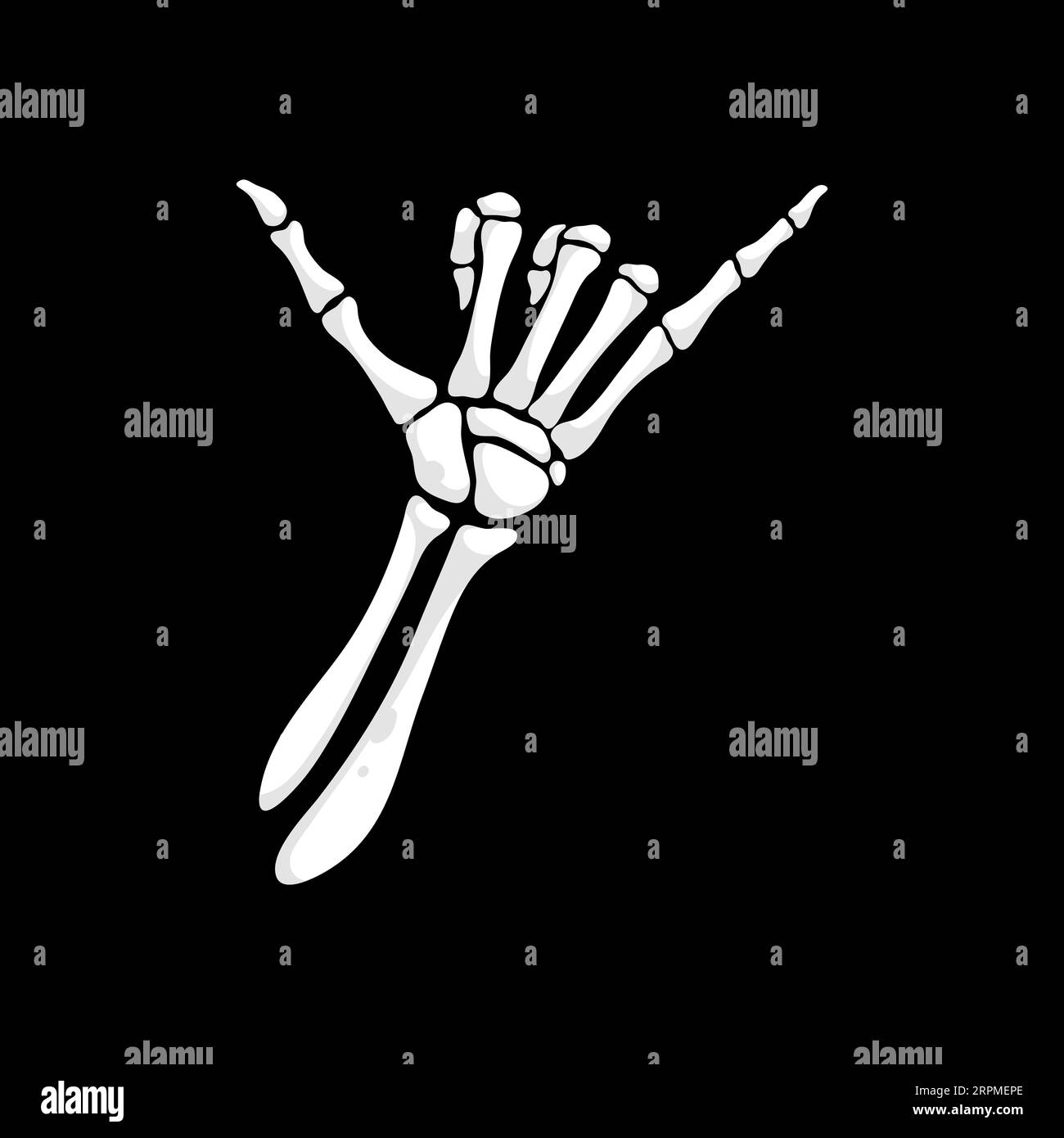Skeleton hand making hang loose, surf or shaka sign gesture with bony fingers. Isolated vector skeletal palm creating a haunting sight that evokes a sense of mystery. Aloha cool gesturing symbol Stock Vector