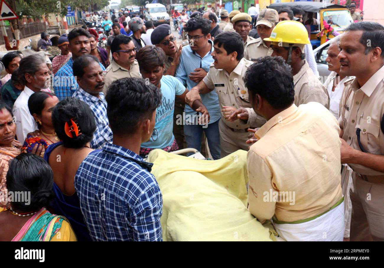 200211 -- BEIJING, Feb. 11, 2020 -- People transfer the body of a victim in Ganjam District of India s eastern state of Odisha, Feb. 9, 2020. At least nine people died of electrocution and 22 others were injured in India s eastern state of Odisha when a moving bus came in contact with an 11 KV live transmission wire on Sunday. XINHUA PHOTOS OF THE DAY Stringer PUBLICATIONxNOTxINxCHN Stock Photo