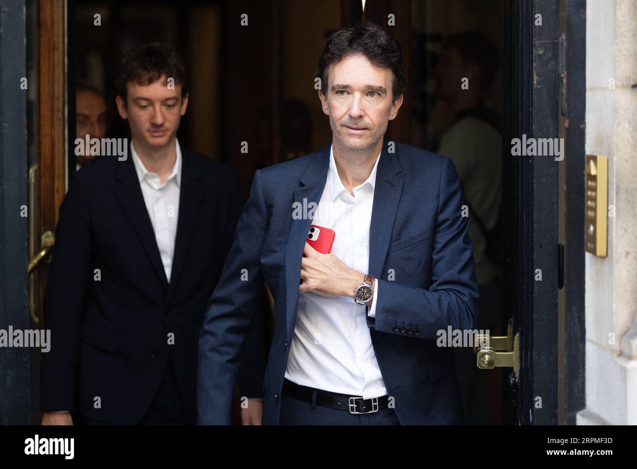 Paris, France. 05th Sep, 2023. CEO of LVMH Holding Company, Antoine Arnault  and CEO of TAG Heuer, Frederic Arnault during a visit of the Restos du  Coeur charity organization headquarters in Paris