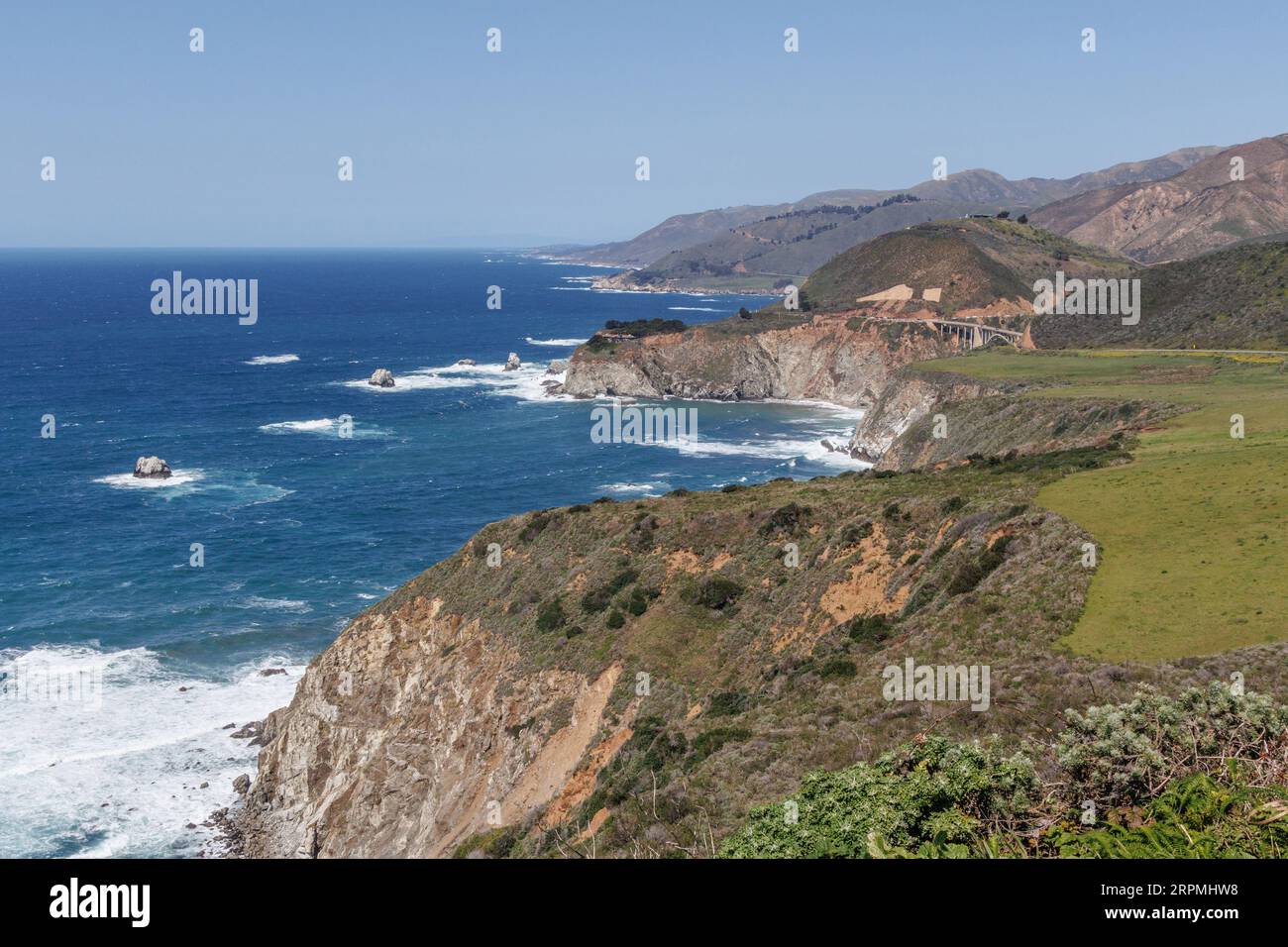 View from Hurricane Point View to Castle Rock Viewpoint, Ocean Road M1, Highway 1, USA, California, Monterey Stock Photo