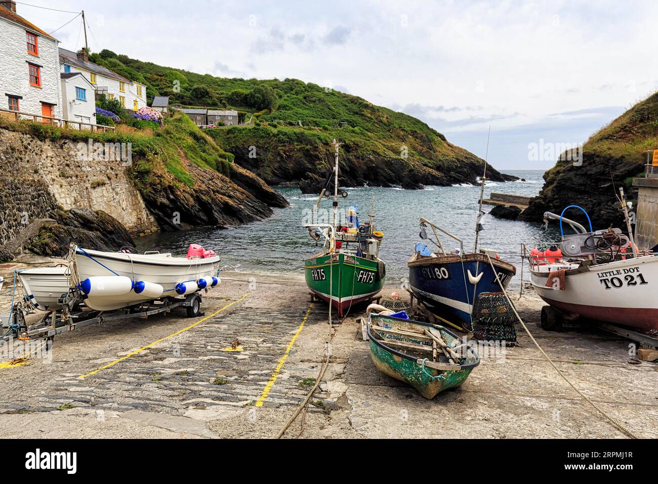 Boats in Portloe Harbour, small fishing village, film set, Cornwall, England, Great Britain Stock Photo