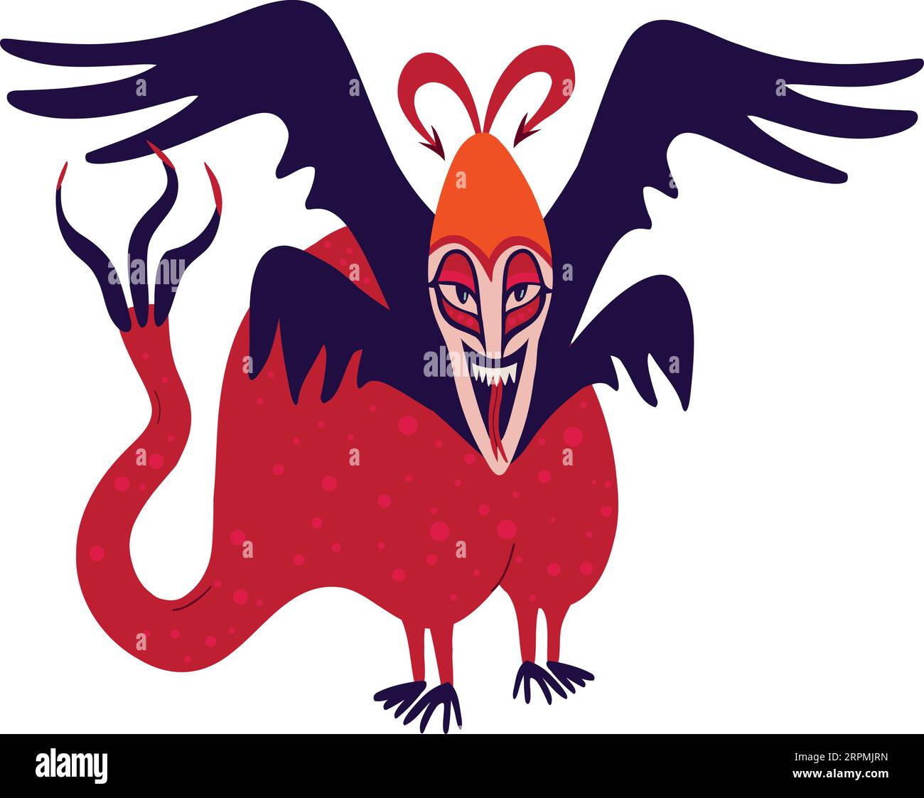 Red demon with a creepy face. Vibrant bright Strange ugly Halloween character Stock Vector