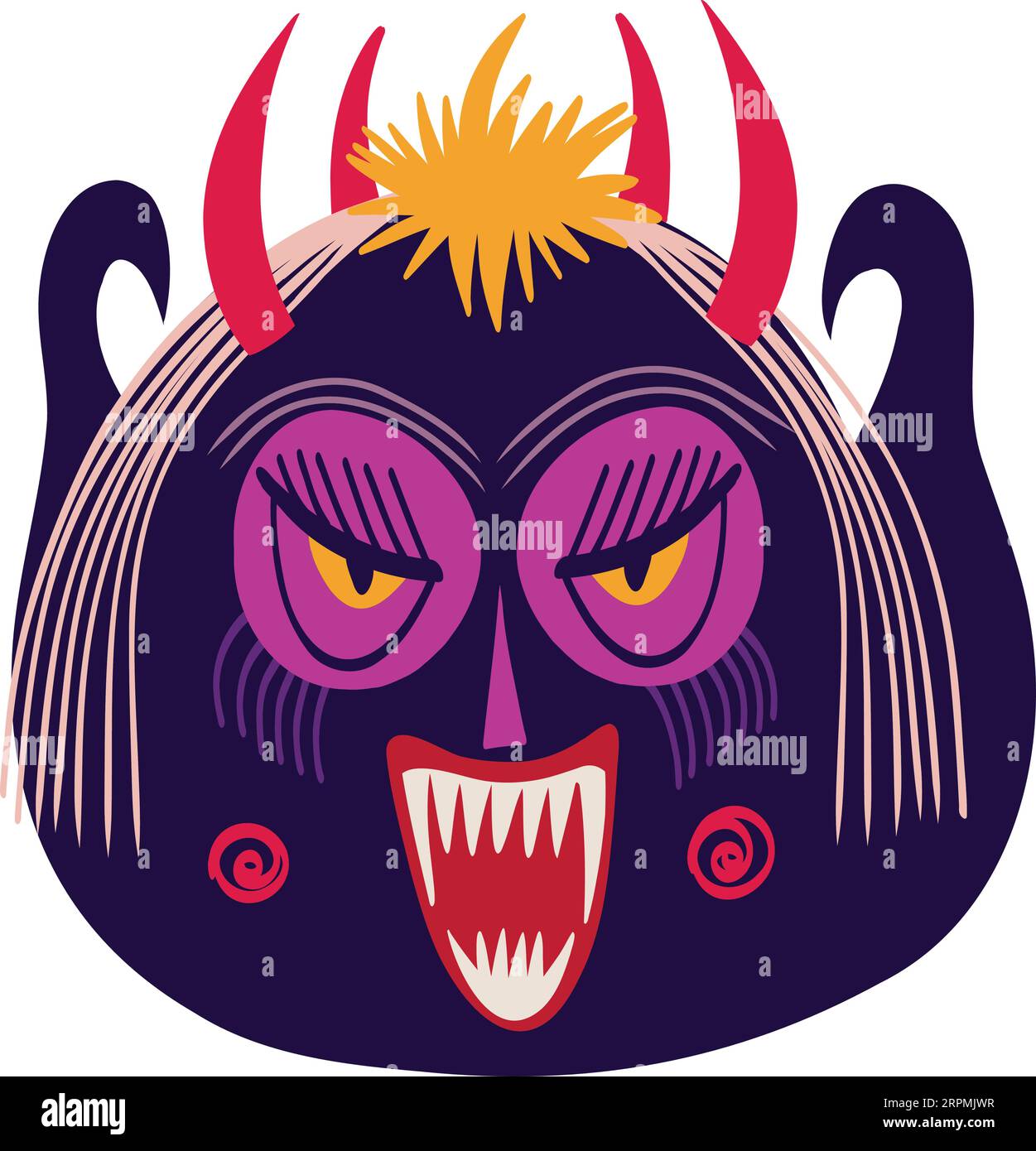 Horned strange ugly angry demon. Illustration in a modern childish hand-drawn style Stock Vector