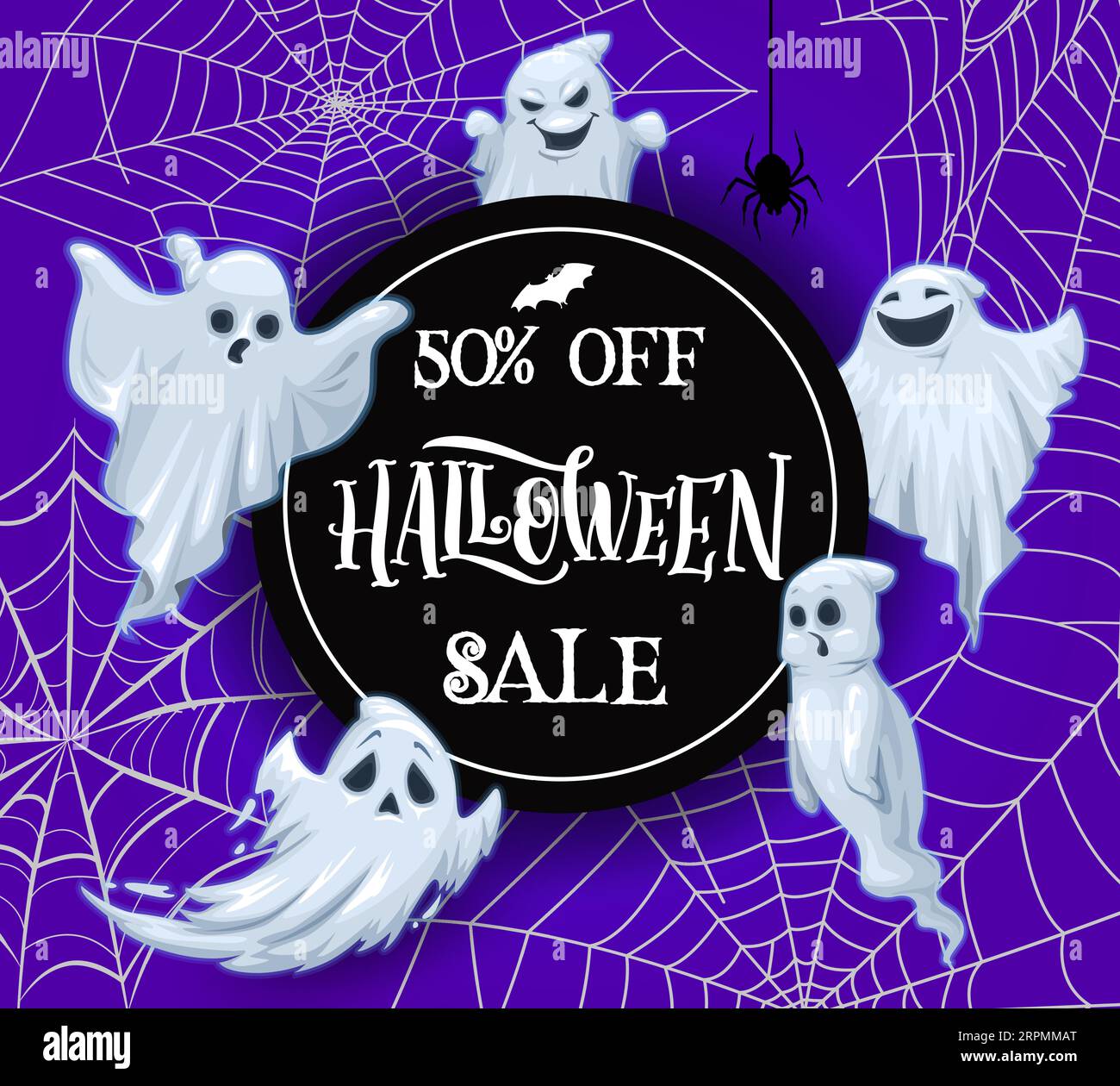 Halloween holiday sale banner with cartoon ghosts, spider and cobwebs ...