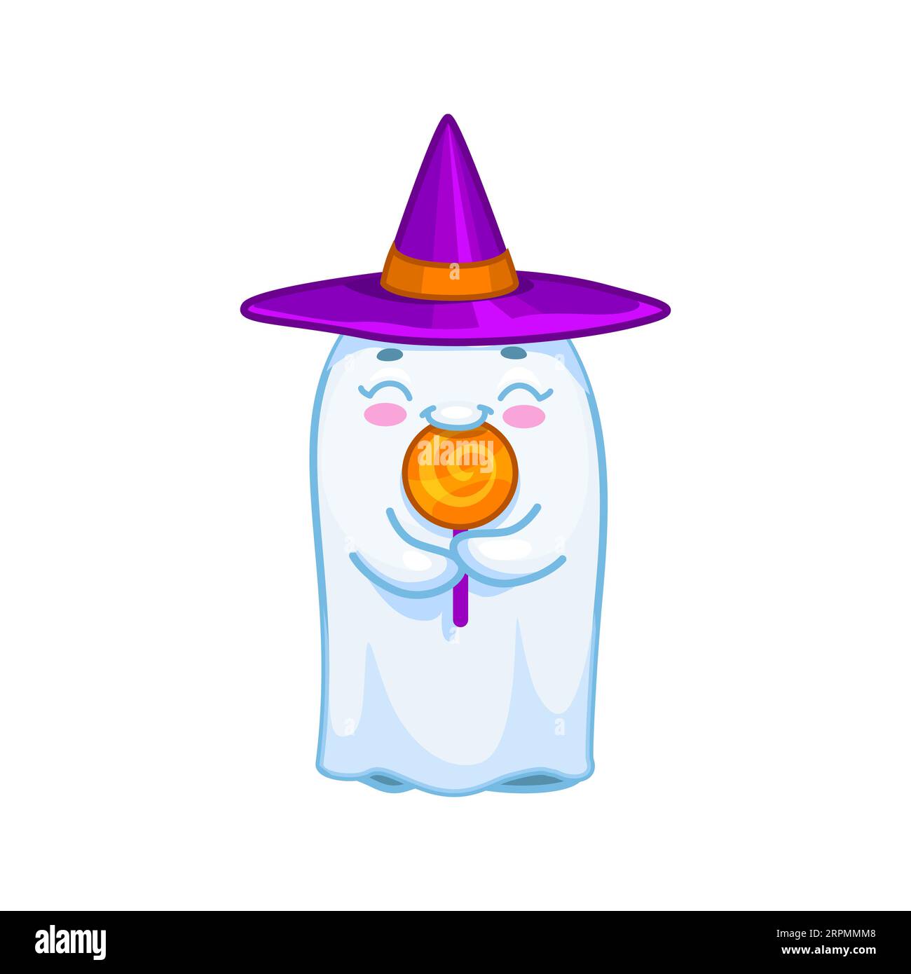 Halloween kawaii ghost character licking a lollipop. Isolated cartoon vector cute spook wear witch pointed hat featuring a friendly smile and playful eyes while enjoying sweet treat at spooky season Stock Vector