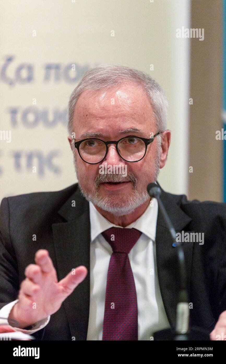 200214 -- ATHENS, Feb. 14, 2020 -- President of the European Investment  Bank Werner Hoyer speaks during a press conference in Athens, Greece, on  Feb. 14, 2020. The European Investment Bank EIB