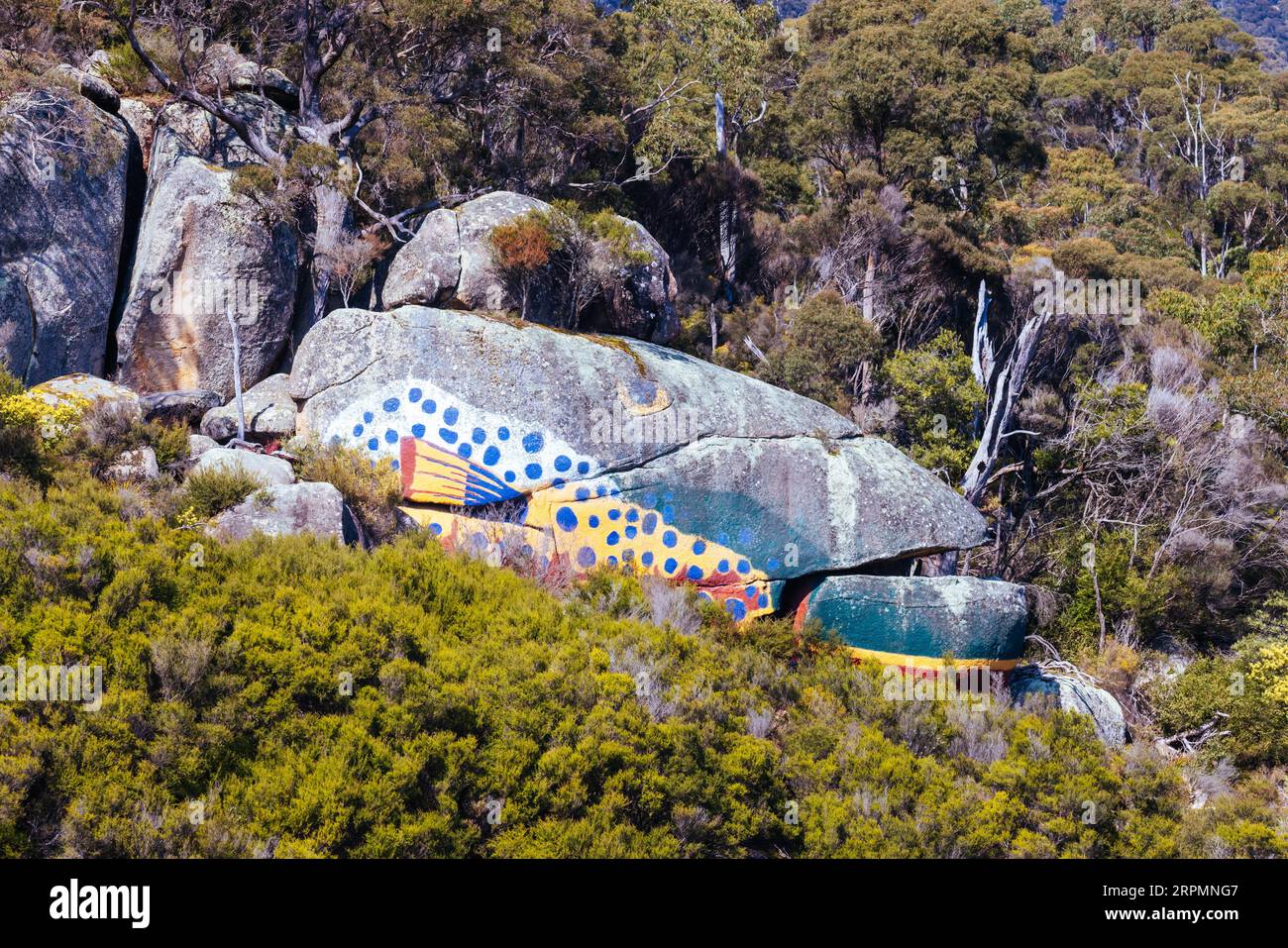 DERBY, AUSTRALIA, SEPTEMBER 23, 2022: Aboriginal fish painting on rock and surrounding landscape in the rural town of Derby on a cold spring morning Stock Photo