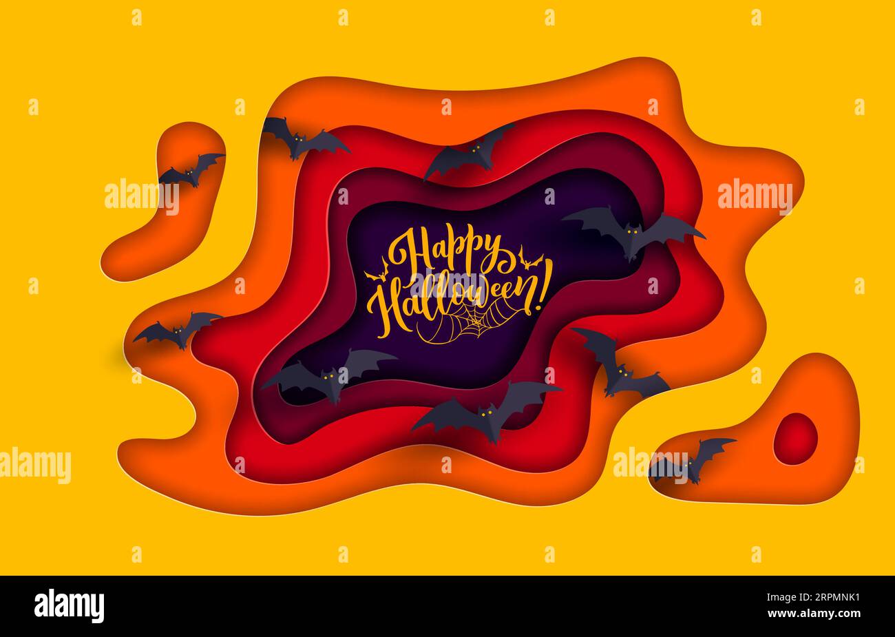 Halloween paper cut banner with flying bats and spiderweb, horror night ...