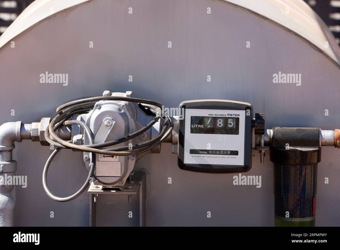 mechanical flow meter for gasoline, kerosene and diesel mounted on a tank Stock Photo