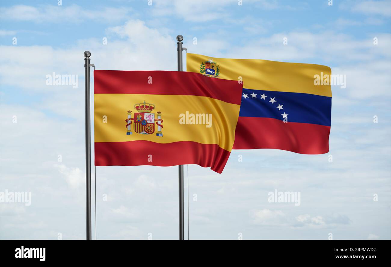 Venezuela and Spain flag waving together in the wind on blue sky Stock ...