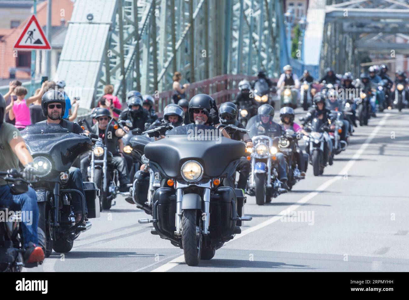 Harley Days Dresden, big ride through the city, here at the Elbe bridge ...