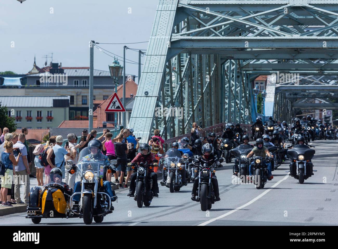 Harley Days Dresden, big ride through the city, here at the Elbe bridge ...
