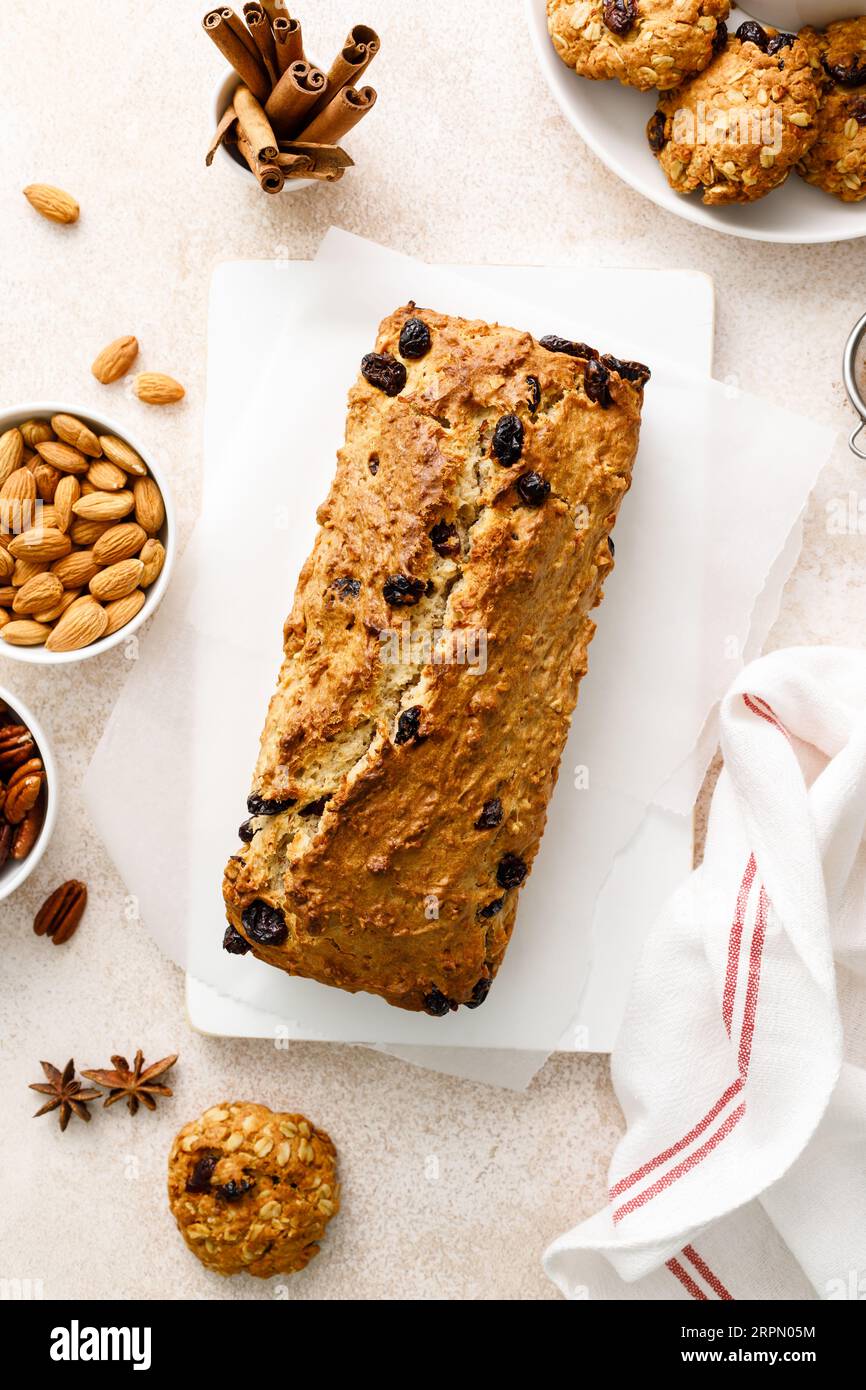 Fruitcake with cranberry, almond and pecan nuts Stock Photo