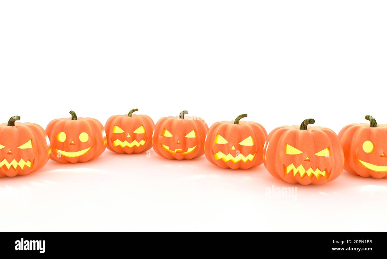 Many Halloween Pumpkins in a row isolated on white background. 3D Rendering Stock Photo