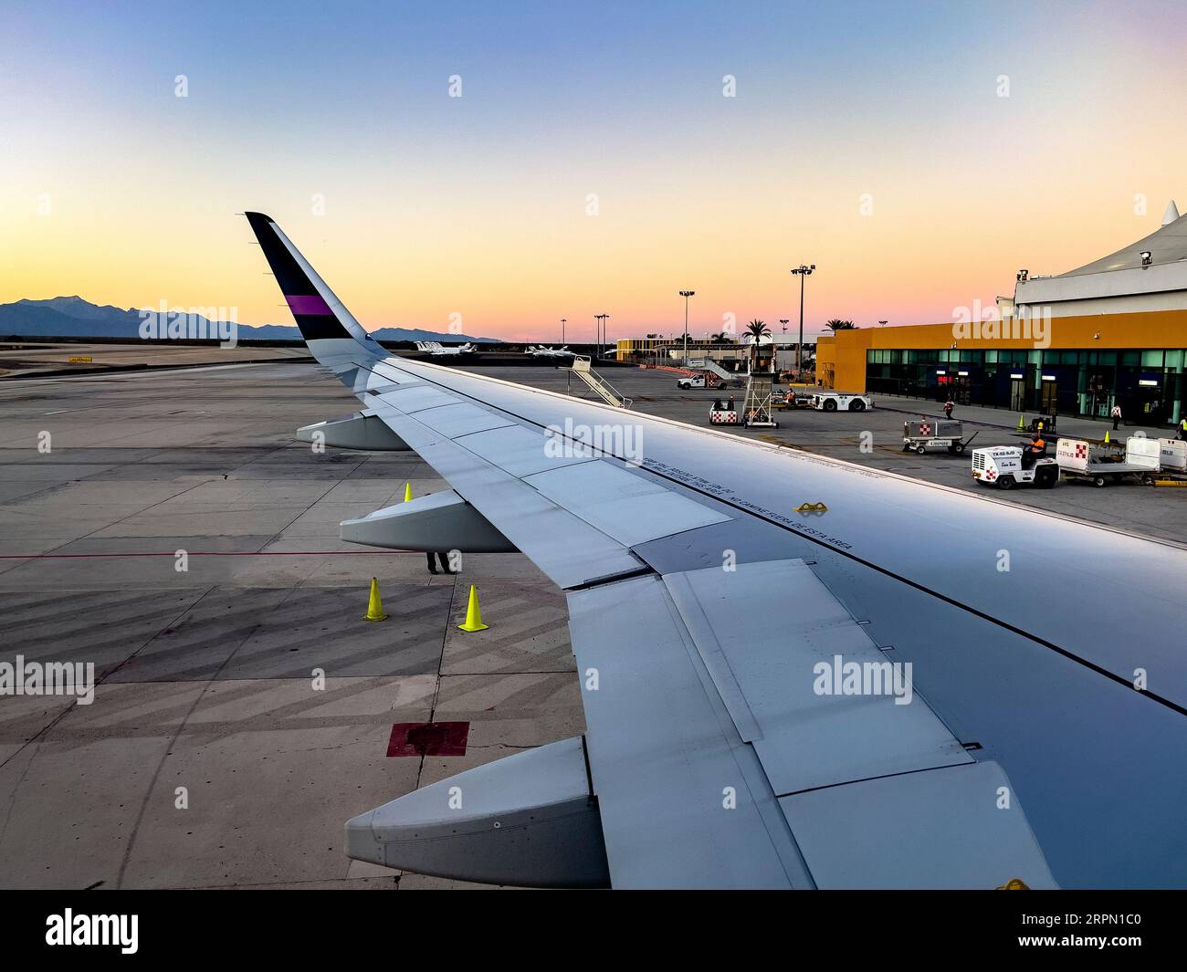 Cabo San Lucas, Mexico, September 5, 2023 Wing view of Volaris Mexican
