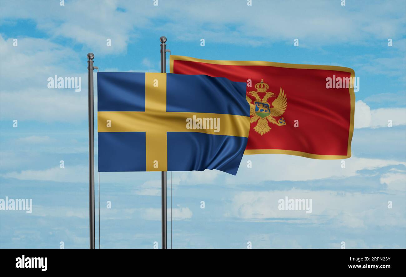 Montenegro and Sweden flag waving together in the wind on blue sky, two ...
