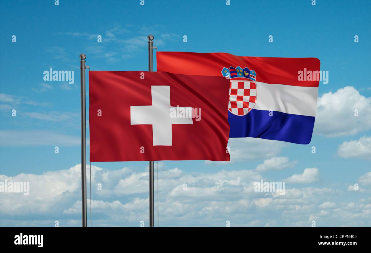 Croatia and Switzerland flag waving together in the wind on blue sky ...