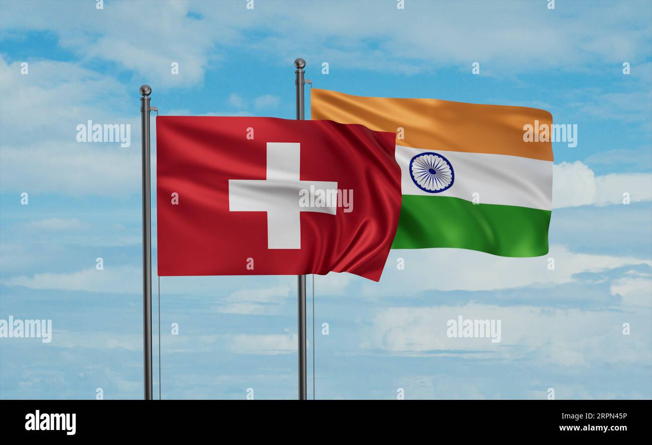 India flag and Switzerland flag waving together on blue sky, two ...