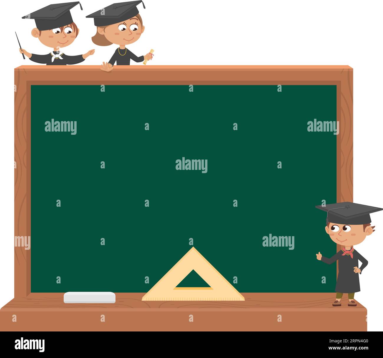 Blank blackboard with cartoon student kids. School banner template Stock Vector