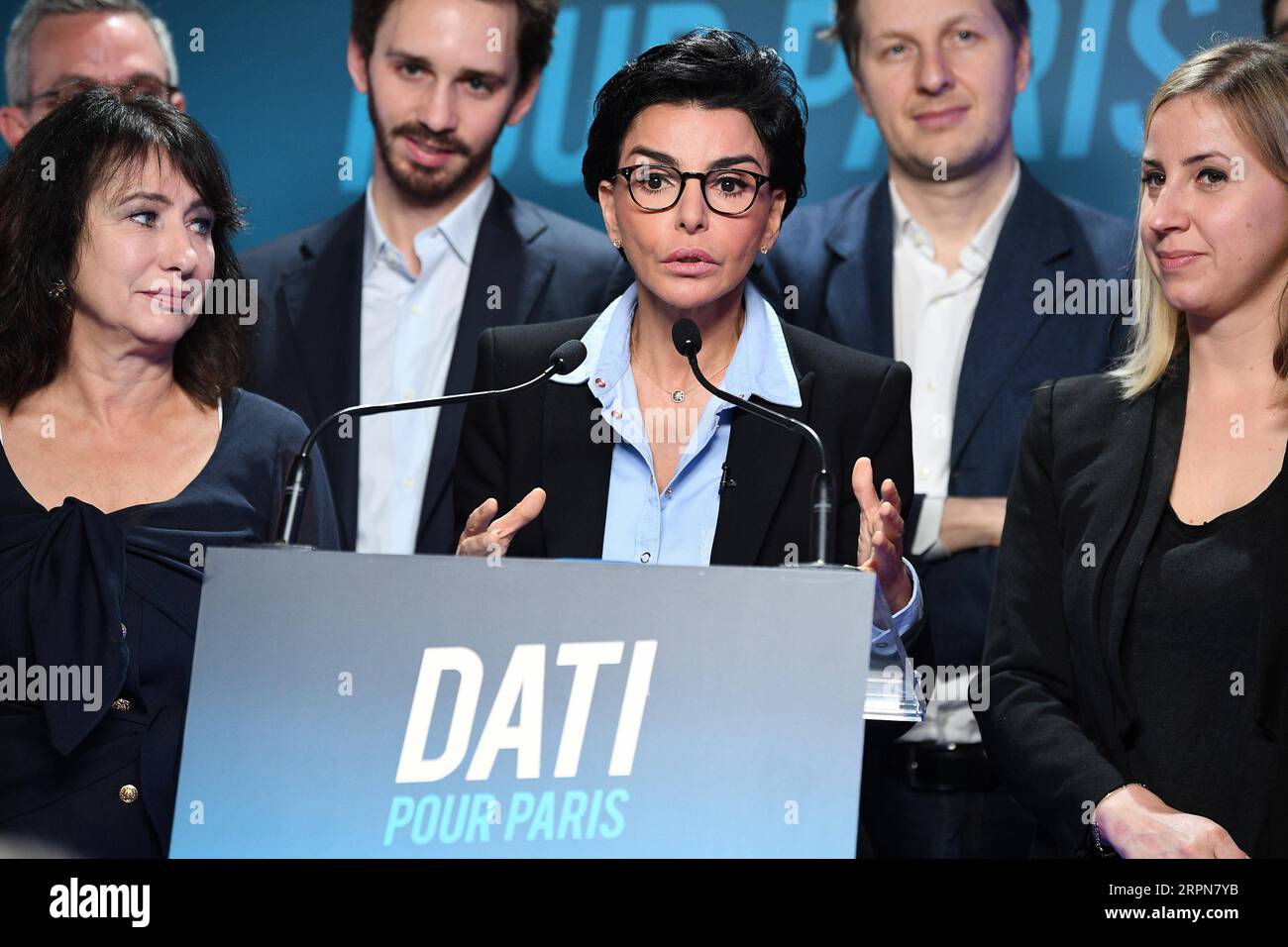 200224 -- PARIS, Feb. 24, 2020 -- Rachida Dati, former French justice minister, mayor of the seventh district of Paris, Les Republicains LR party candidate for the upcoming Paris 2020 mayoral election, speaks during the presentation of her program at the political campaign headquarters in Paris, France, Feb. 24, 2020. Photo by Jack Chan/Xinhua FRANCE-PARIS-MUNICIPAL ELECTION-PARIS MAYOR-DATI GaoxJing PUBLICATIONxNOTxINxCHN Stock Photo