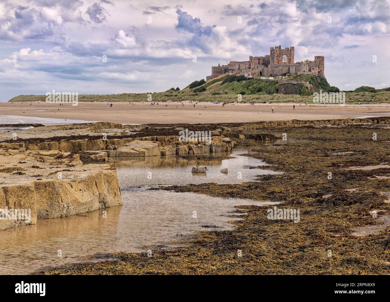 View south of Bamburgh Castle, a famous Northumberland landmark and ...