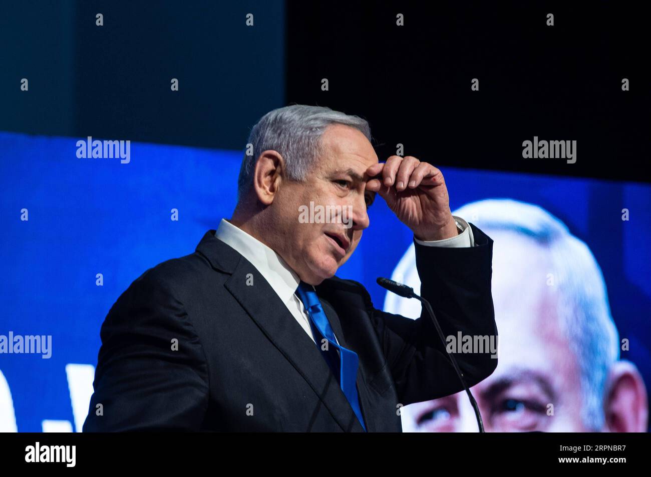 200226 -- MIGDAL HAEMEK, Feb. 26, 2020 Xinhua -- Israeli Prime Minister Benjamin Netanyahu takes part in a Likud Party election rally in northern Israeli city of Migdal Haemek on Feb. 25, 2020. As Israel is heading to an unprecedented third election within a year on March 2, polls indicate that a fourth election in a few months seems increasingly realistic. The two main opponents are Prime Minister Benjamin Netanyahu, leader of the right-wing Likud party, and Benny Gantz, leader of the centrist Blue and White party. Gil Eliyahu/JINI/Handout via Xinhua MIDEAST-MIGDAL HAEMEK-NETANYAHU-ELECTION R Stock Photo