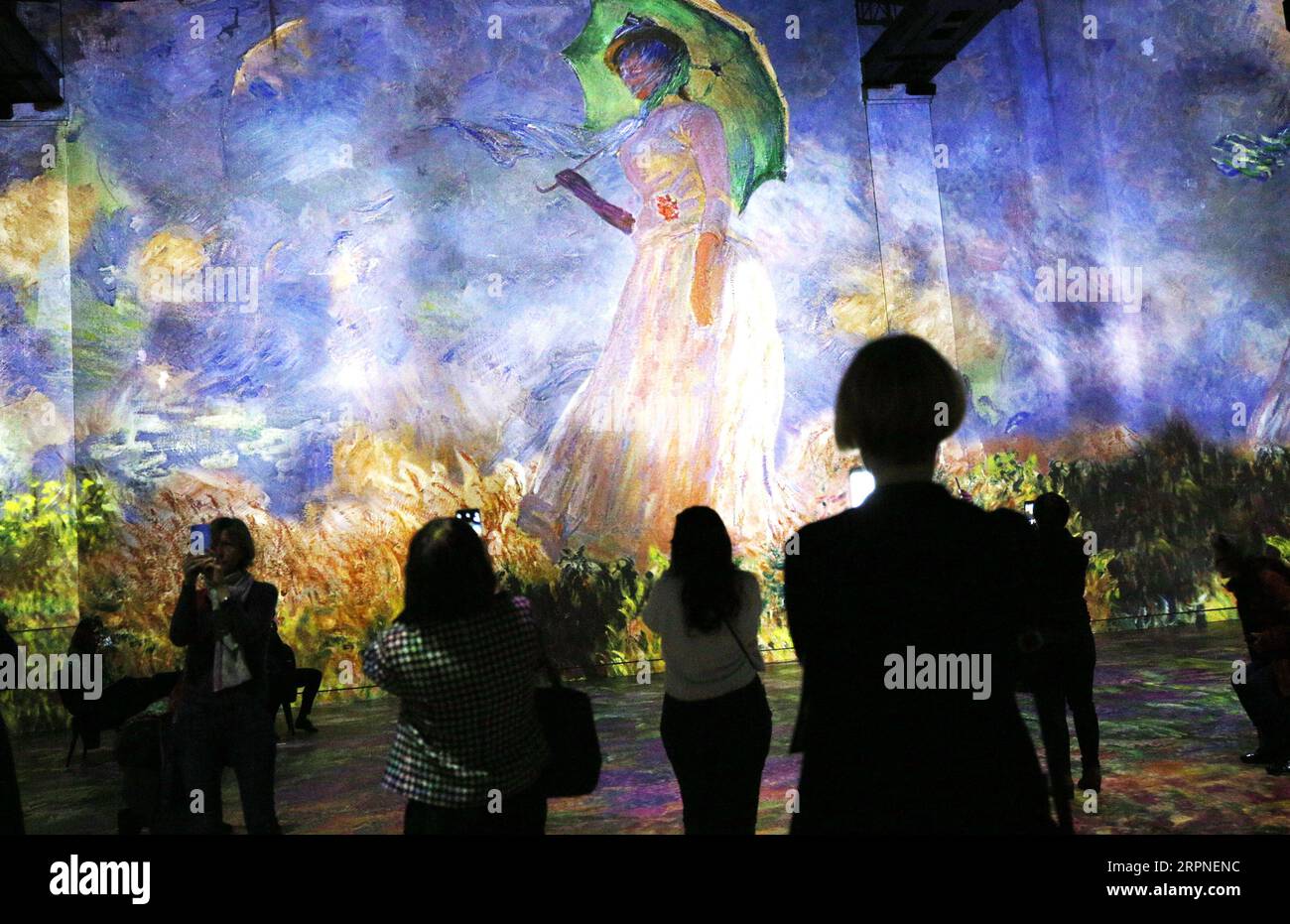 200227 -- PARIS, Feb. 27, 2020 -- People visit the digital exhibition titled Monet, Renoir...Chagall: Journeys around the Mediterranean during a press review in Paris, France, Feb. 27, 2020. The digital exhibition to be held from Feb. 28, 2020 to Jan. 3, 2021 presents visitors with an itinerary that spans the period between Impressionism and modernism. The exhibition immerses visitors in the masterpieces of 20 artists, including Renoir, Monet, Matisse, Chagall etc., and highlights the link between artistic creativity and the Mediterranean shores.  FRANCE-PARIS-DIGITAL EXHIBITION GaoxJing PUBLI Stock Photo