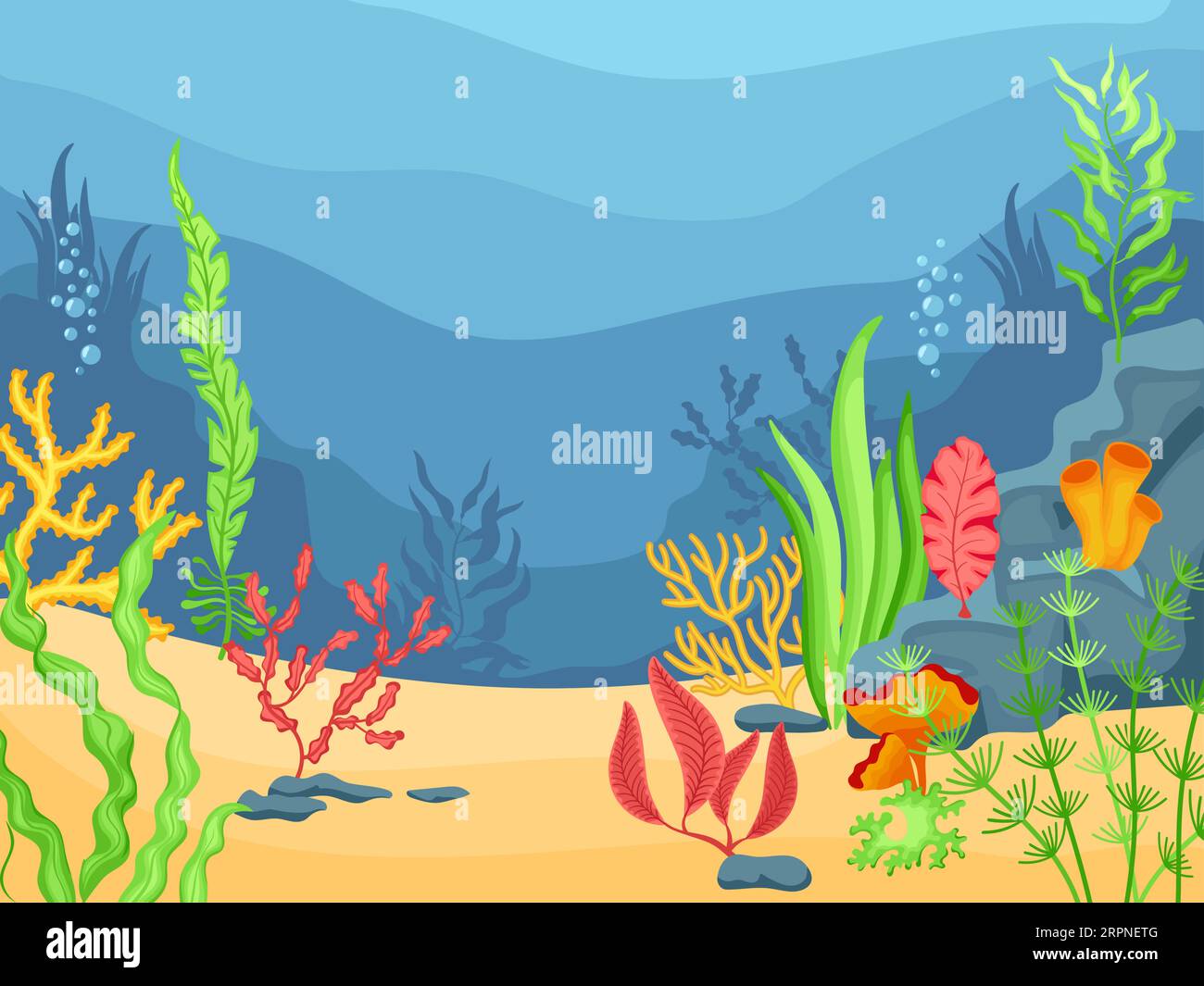 Underwater background. Ocean bottom sand with weeds and corals Stock Vector