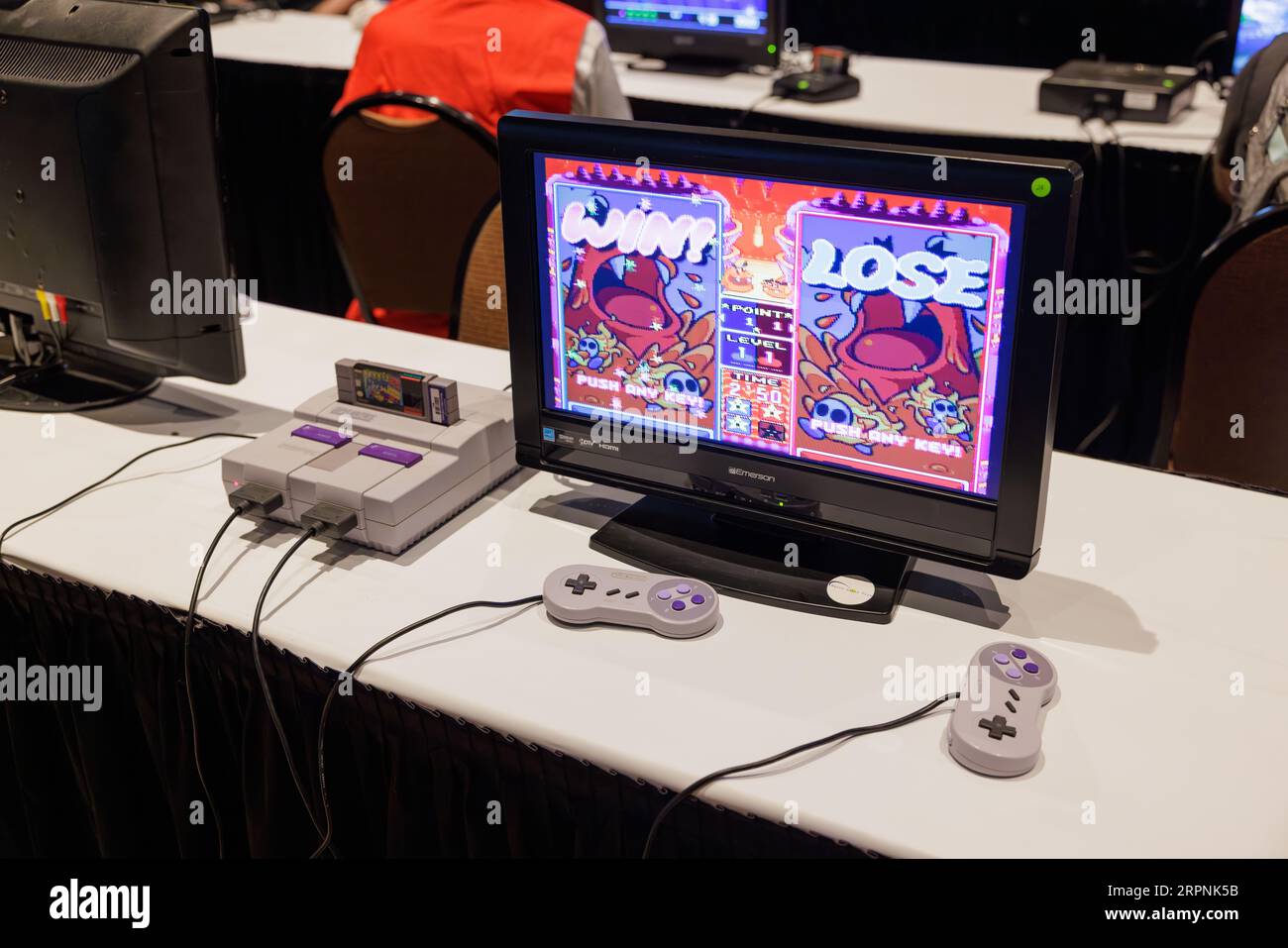 A Nintendo Super NES available for play at Retro World Exp convention at the Connecticut Convention Center Stock Photo