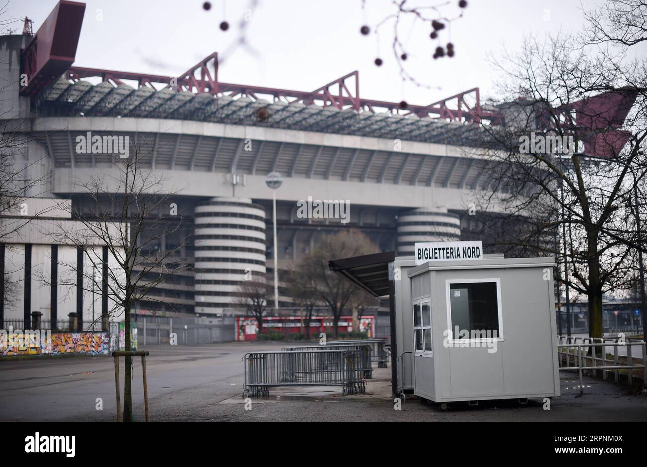 200302 -- MILAN, March 2, 2020 Xinhua -- General view is seen outside the San Siro stadium after a Serie A soccer match between AC Milan and Genoa was postponed due to the recent coronavirus outbreak in Milan, Italy, March 1, 2020. The number of Italians infected by the coronavirus continues to accelerate, Giovanni Rezza, head of the Italian High Institute of Health s Department of Infectious Diseases, said Sunday, adding that the country was at least a week away from seeing a peak in the outbreak. According to Angelo Borrelli, Civil Protection Department chief and Extraordinary Commissioner f Stock Photo