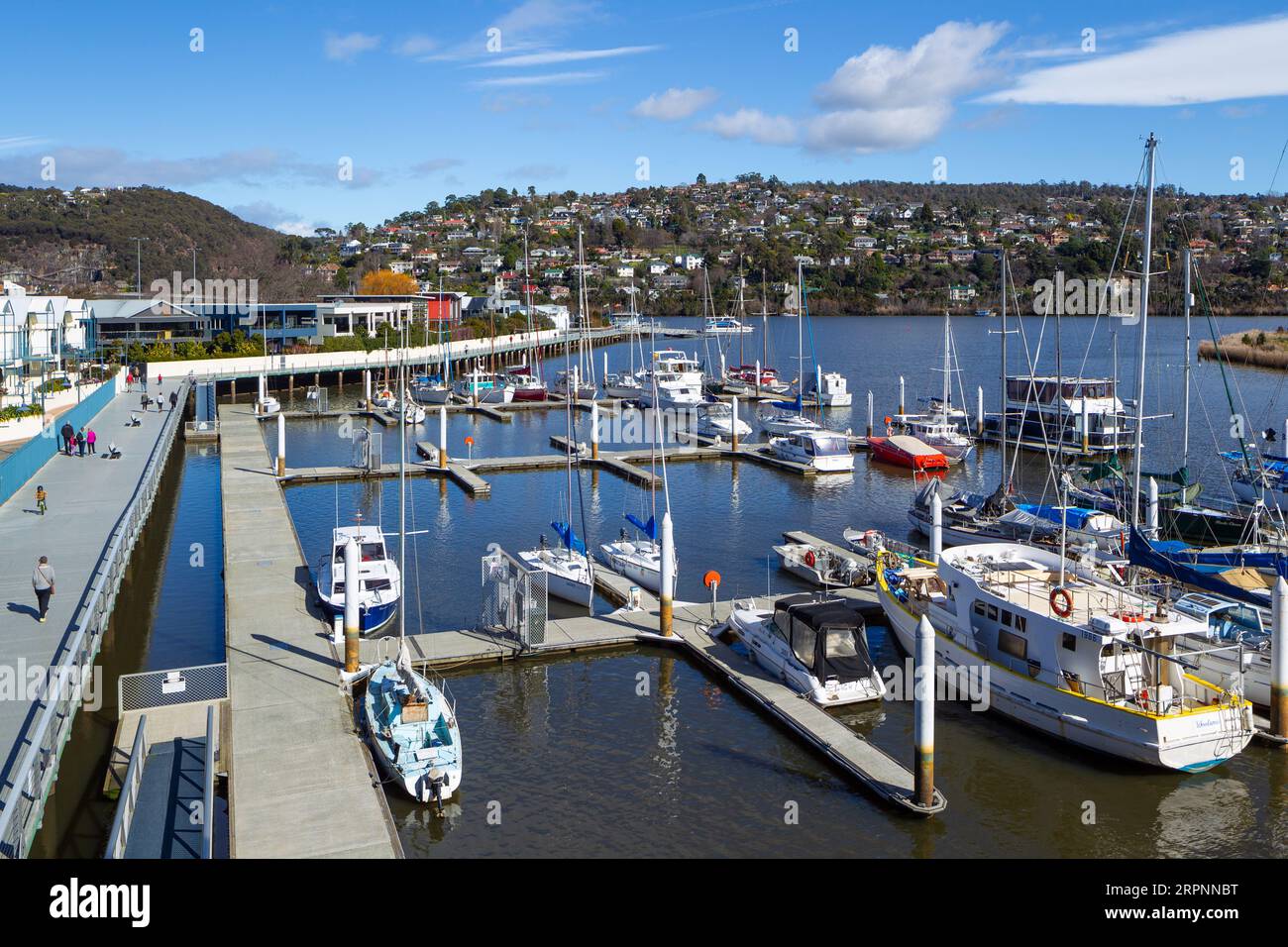 Seaport Marina in Launceston, Tasmania, Australia, with the hilltop