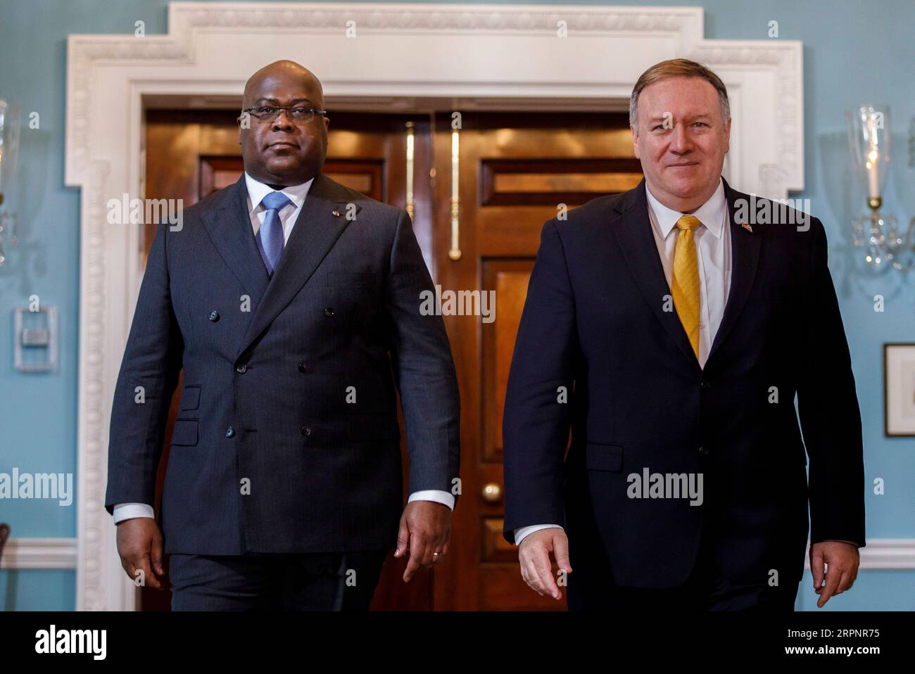 200303 -- BEIJING, March 4, 2020 -- U.S. Secretary of State Mike Pompeo R meets with Democratic Republic of the Congo President Felix Tshisekedi at the Department of State in Washington D.C., the United States, on March 3, 2020. Photo by /Xinhua XINHUA PHOTOS OF THE DAY TingxShen PUBLICATIONxNOTxINxCHN Stock Photo
